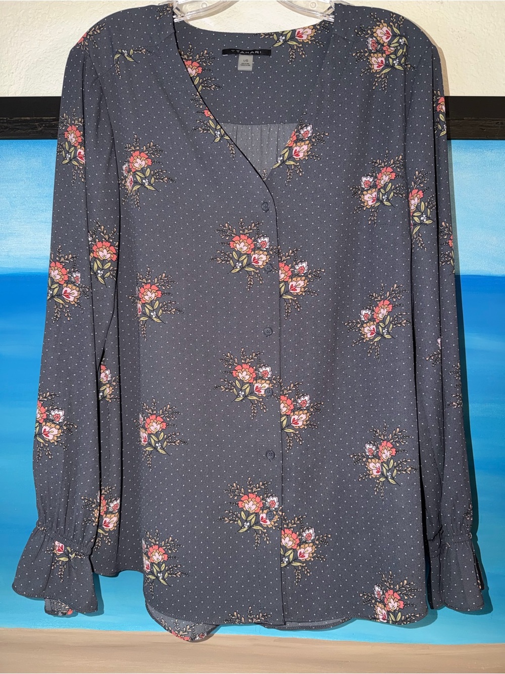 2 Pack: Tahari & LOFT Womens Gray Floral Button-Down & Rose V-Neck Blouse - Picture 3 of 8
